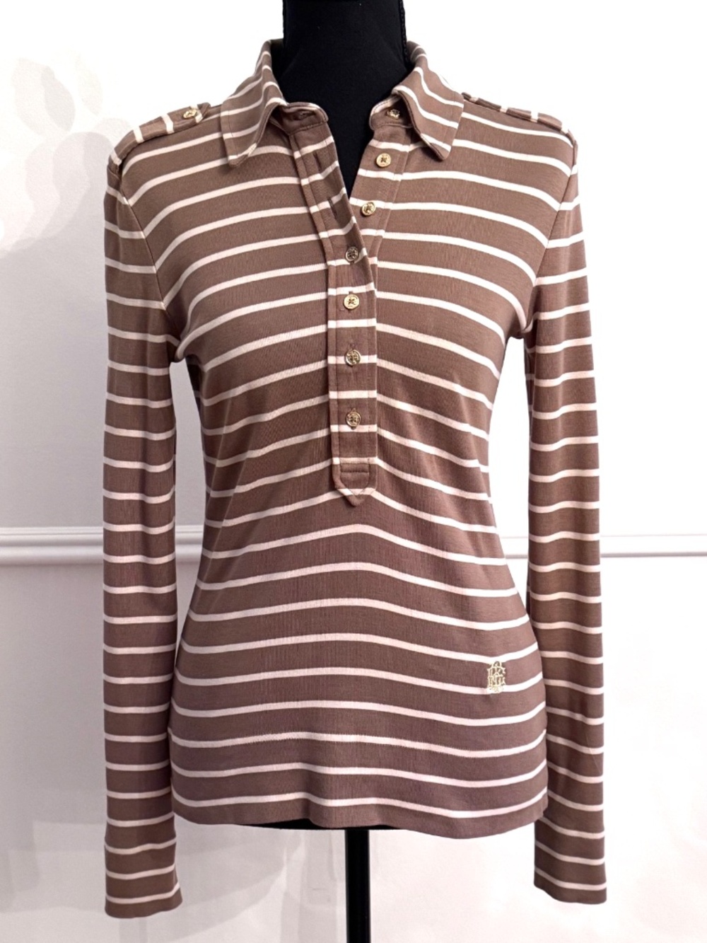 Tory Burch Stripe Polo Top XS Mocha White Gold Logo Buttons Pima Cotton Peru